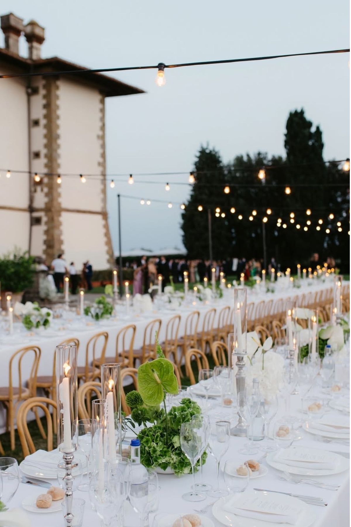 Romantic wedding floral setup at historic villa